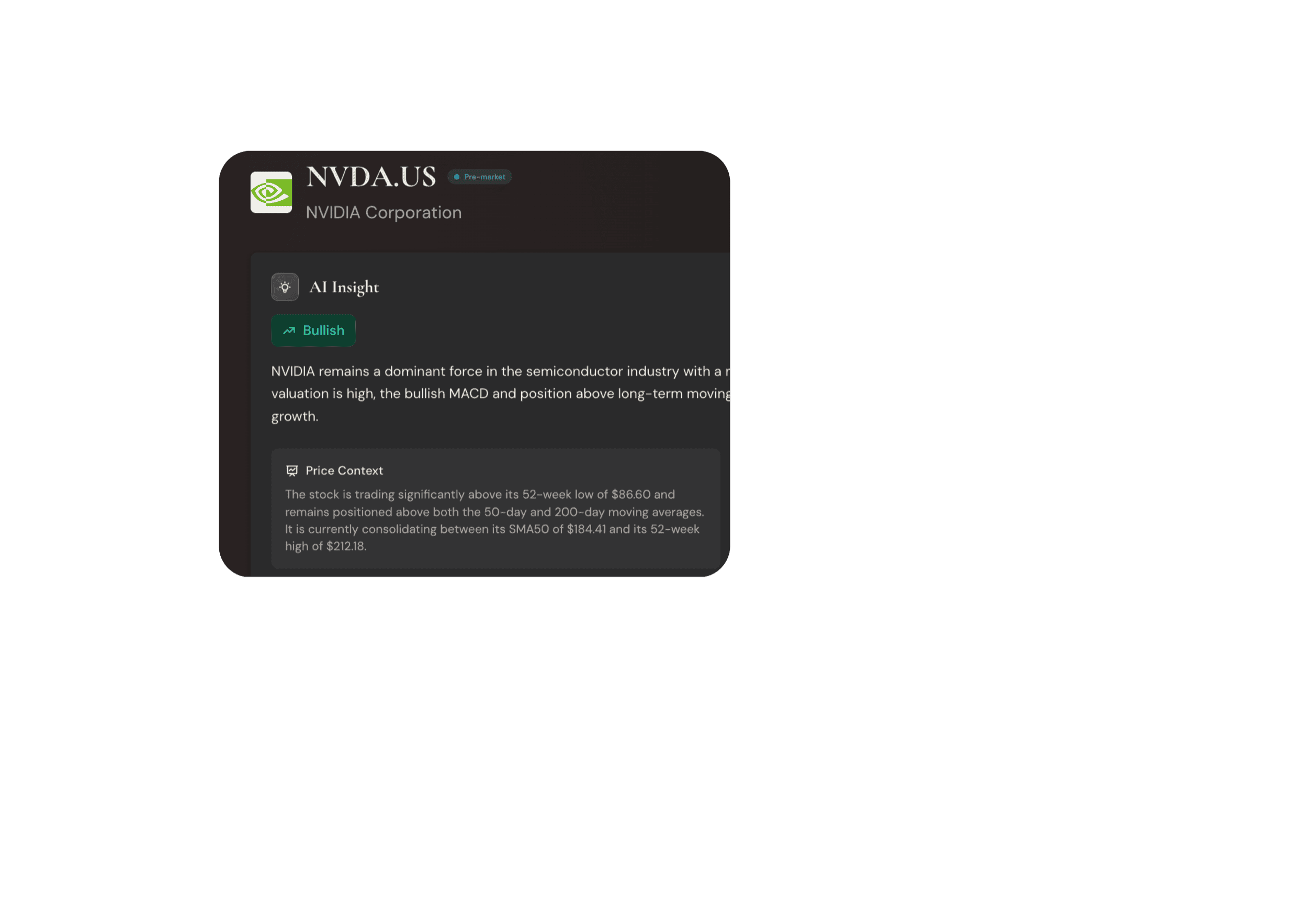 NVIDIA stock detail — AI Insight, Bullish sentiment, Price Context
