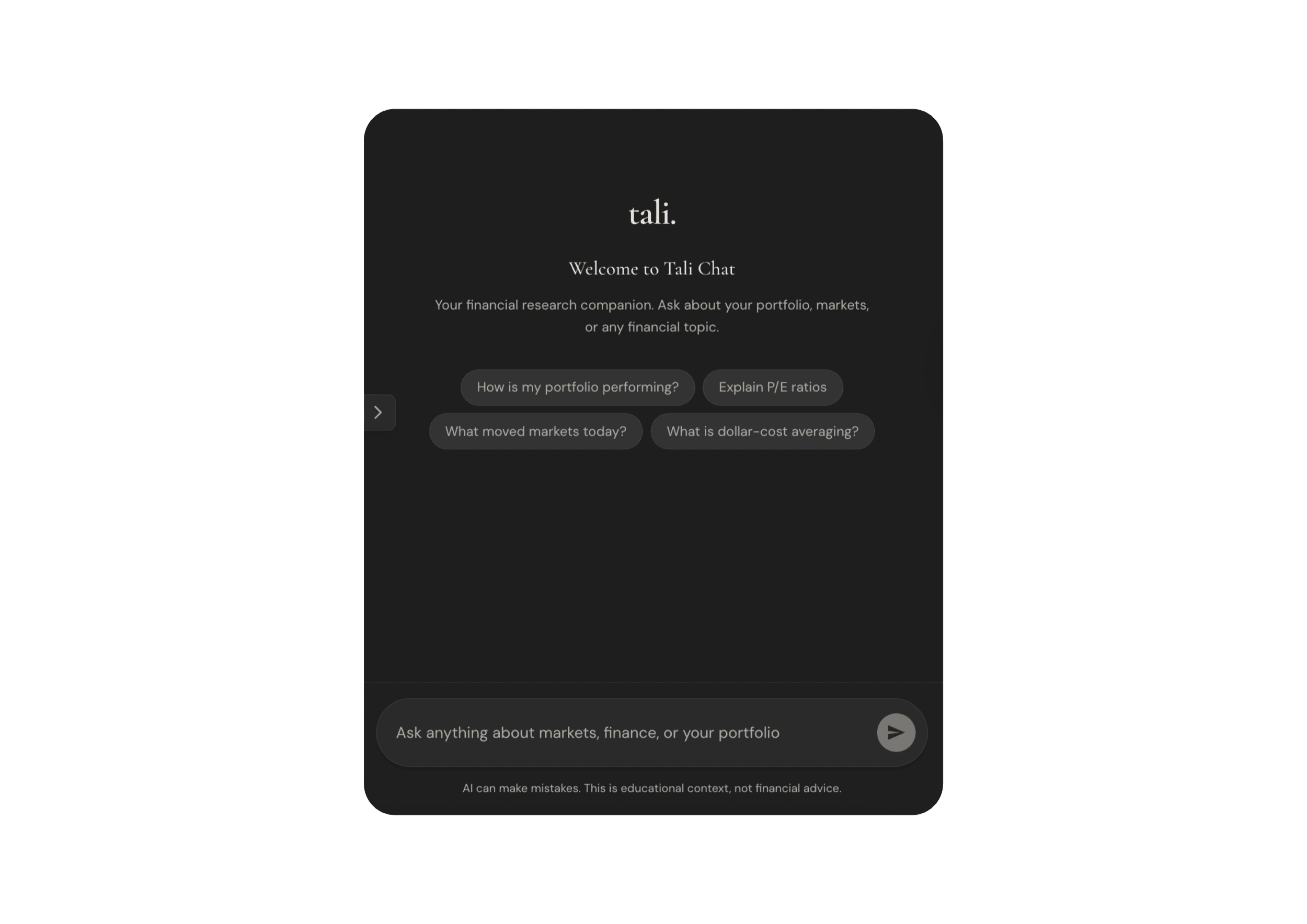 tali. Chat welcome — suggestion chips for portfolio, markets, and financial questions