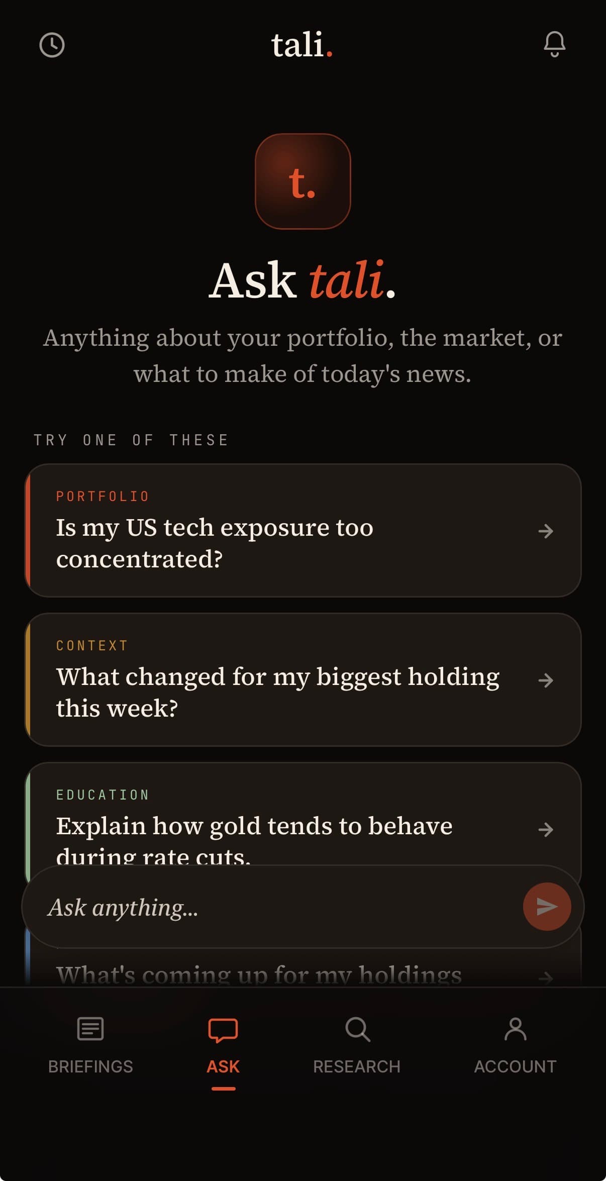 The Ask Tali screen, with suggested questions about your pension and the markets.