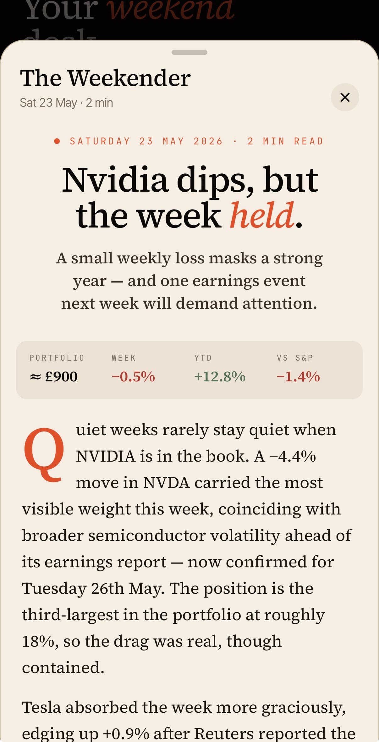 The Weekender briefing open in the Tali app, summarising the week for your pension.