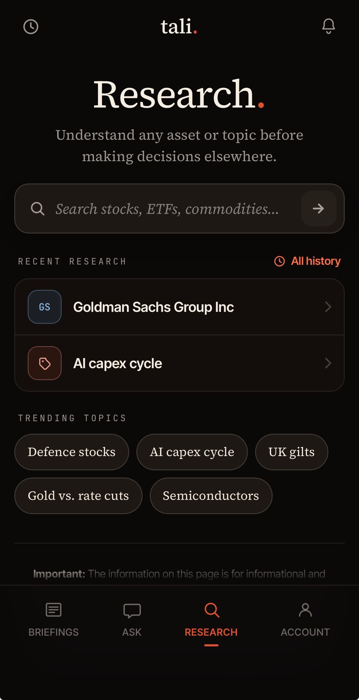 The Research screen, with a search field for stocks, ETFs and gilts and trending topics.